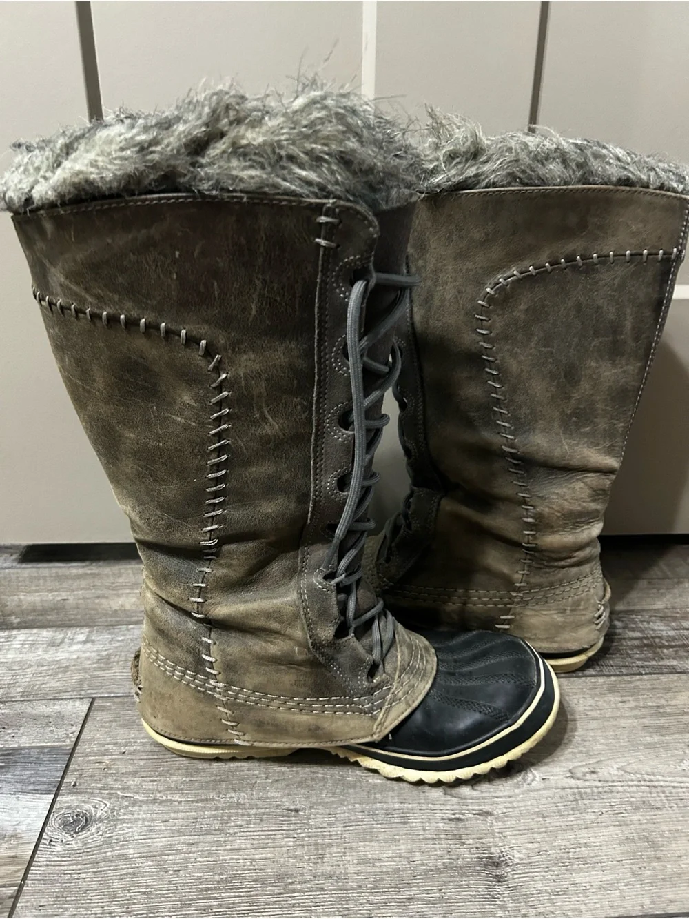 Sorel Cate The Great Tall waterproof winter snow boots faux fur lace up grey